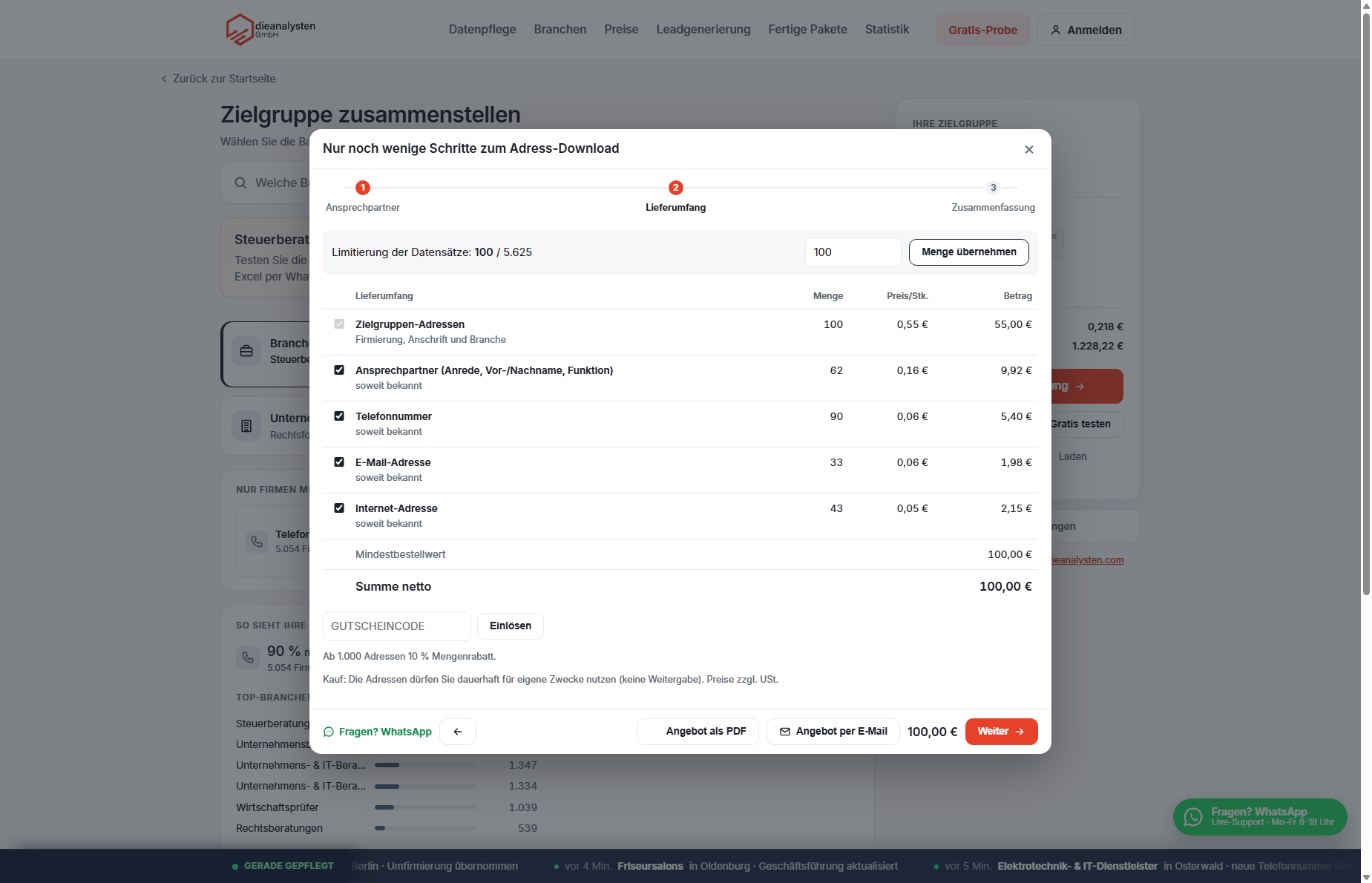 dieanalysten: 100 Adressen mit Ansprechpartner, Telefon, E-Mail, Website (soweit bekannt): 100,00 € netto (Mindestbestellwert)