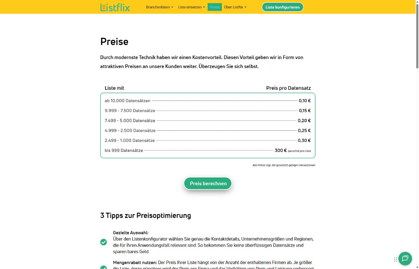 Listflix: Preisliste – bis 999 Datensätze 300 € pauschal pro Liste, zzgl. USt.