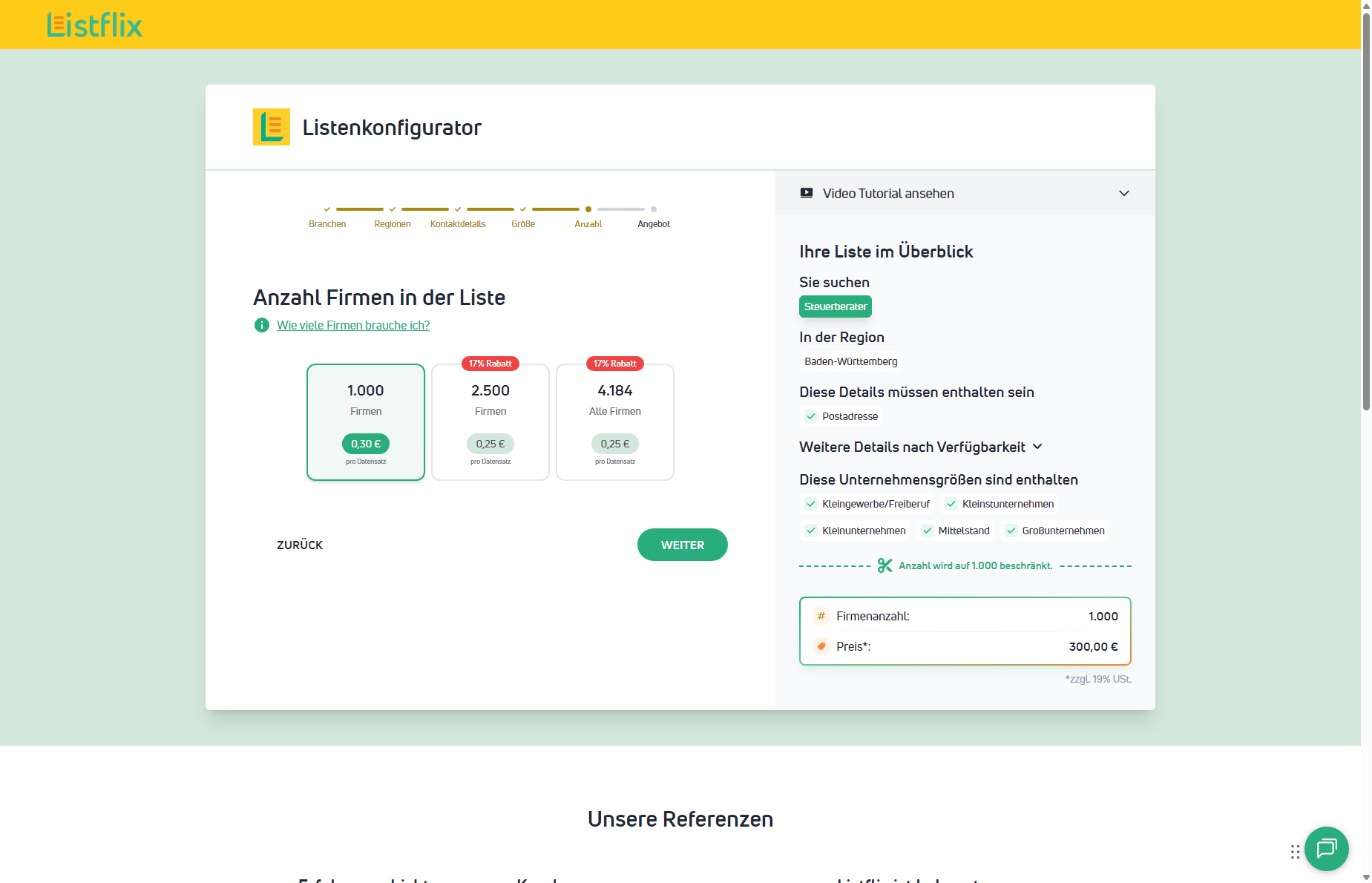 Listflix: Steuerberater, Baden-Württemberg, 4.184 Firmen; kleinste wählbare Liste 1.000 Firmen für 300,00 € netto