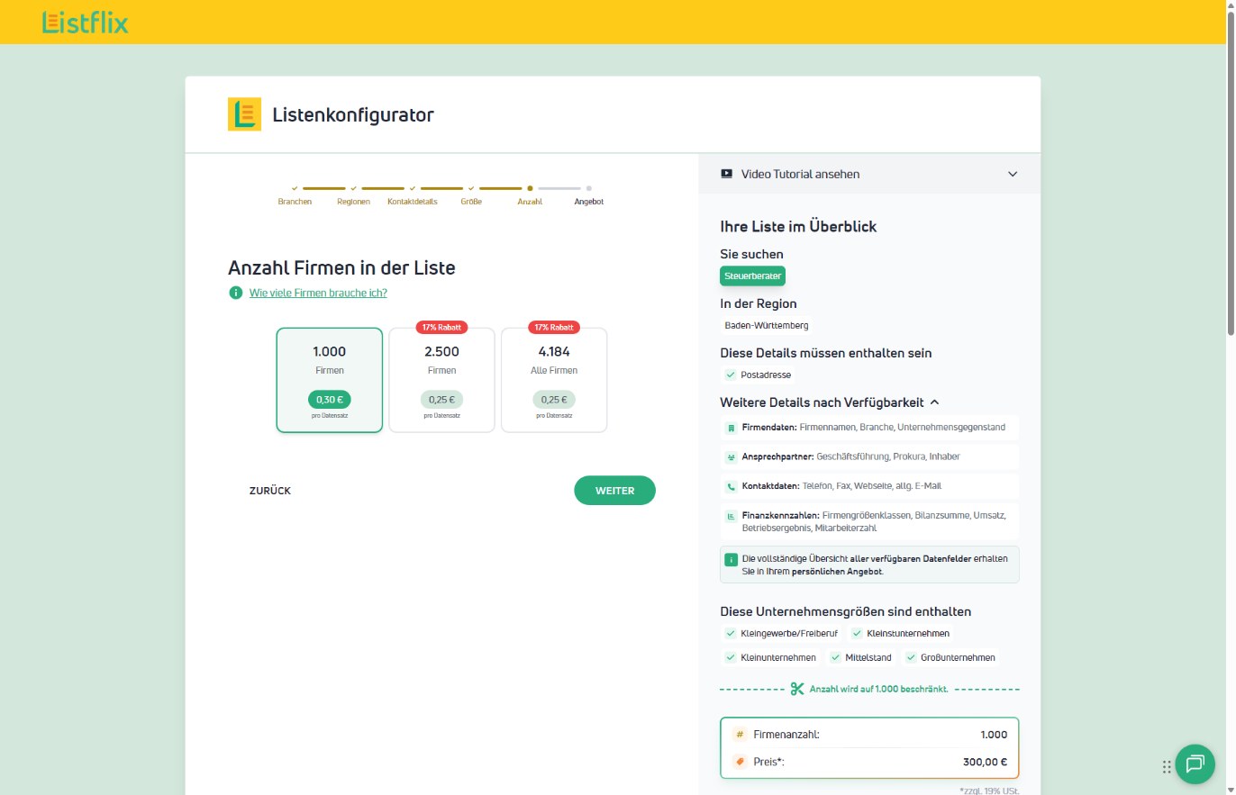 Listflix: weitere Details nach Verfügbarkeit (Ansprechpartner, Telefon, Fax, Website, E-Mail, Finanzkennzahlen)